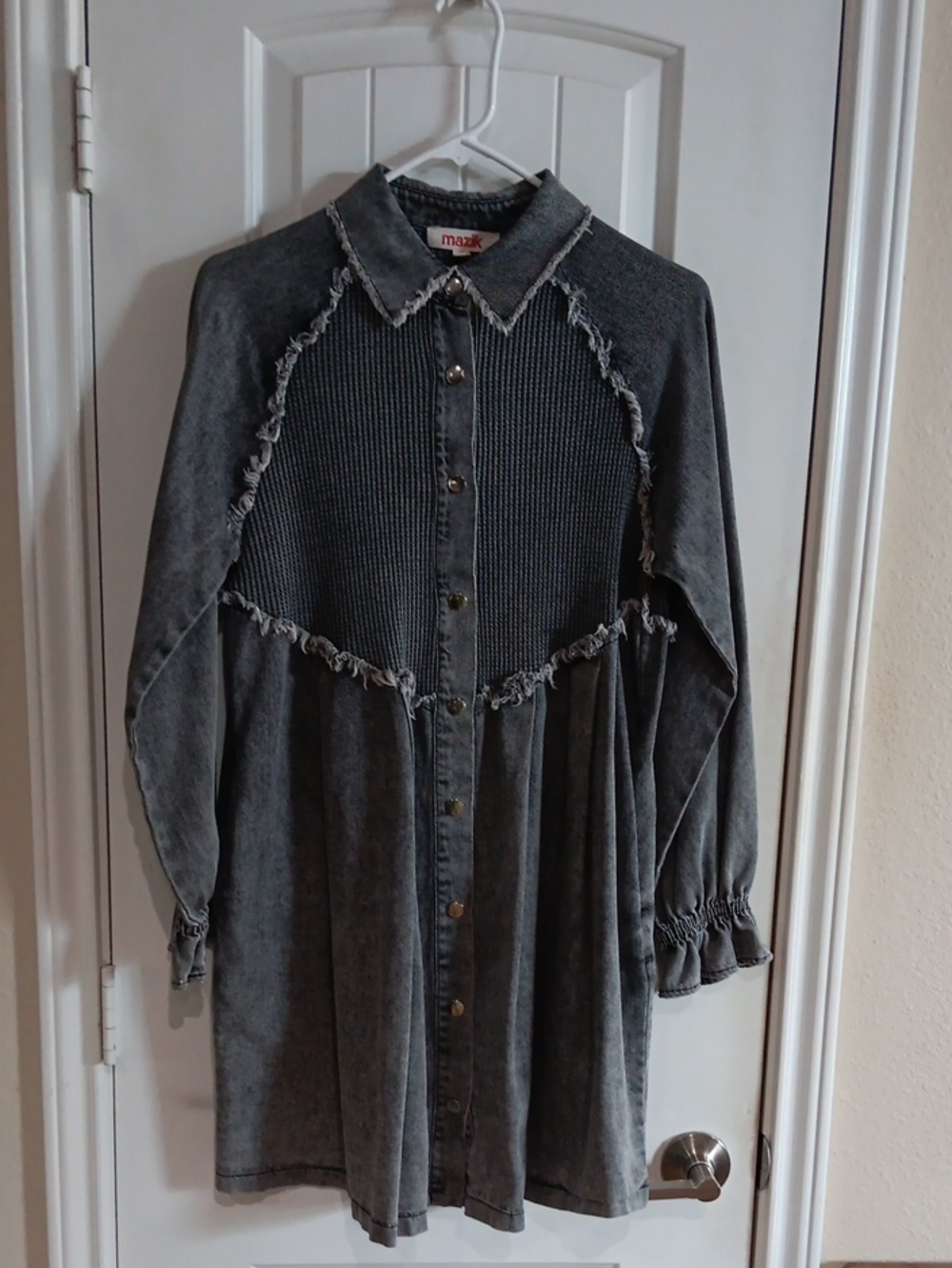 Mazik Mineral Wash Black Smocked Denim Babydoll Dress Shacket Small LIKE NEW